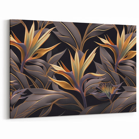 Glam Wall Art - Luxurious Golden Floral Design with Dark Leaves on Black