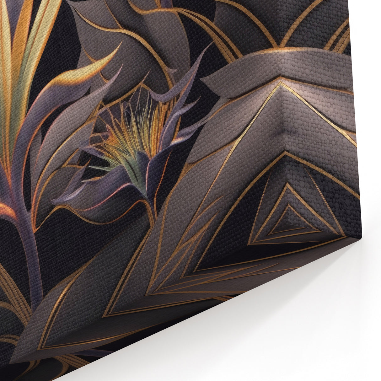 Glam Wall Art - Luxurious Golden Floral Design with Dark Leaves on Black