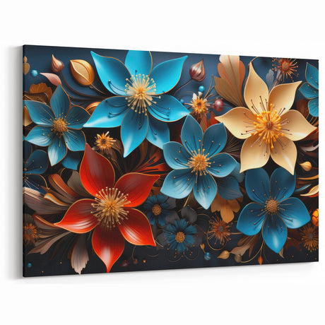 Glam Wall Art - Vibrant 3D Florals in Blue, Gold, and Red Tones