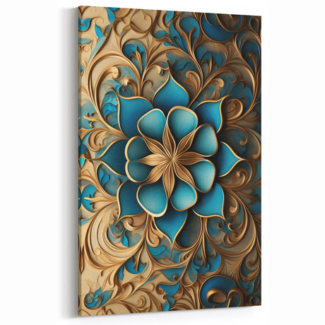 Glam Wall Art - Intricate Blue and Gold 3D Floral Design for Elegant Homes