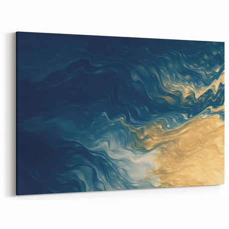 Glam Wall Art - Abstract Gold and Deep Blue Flowing Wave Design