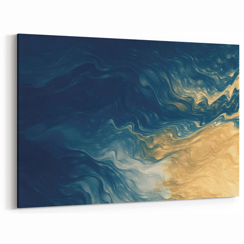 Glam Wall Art - Abstract Gold and Deep Blue Flowing Wave Design