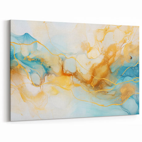 Abstract Glam Wall Art - Fluid Blue and Gold Accents on Canvas