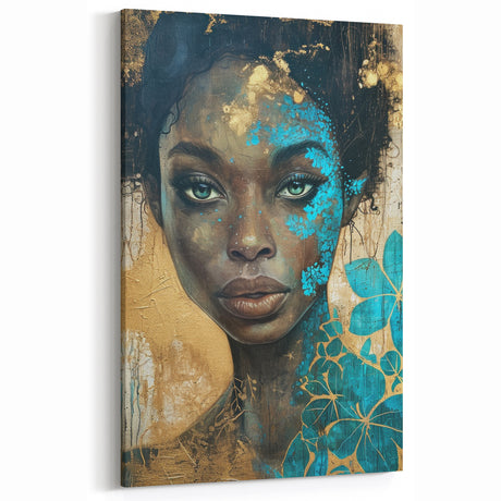 Glamorous Portrait Art - Gold and Teal Accents in Bold Abstract Style