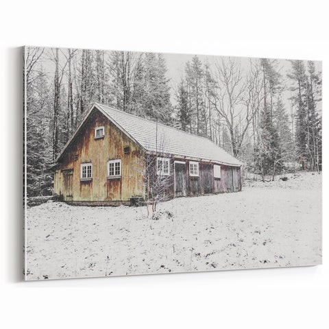 Rustic Wall Art - Snowy Winter Cabin in the Forest for Farmhouse Decor