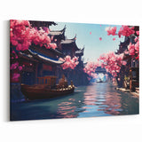 Shanghai Landscape Print - Cherry Blossom Canal Scene Chinese Wall Art