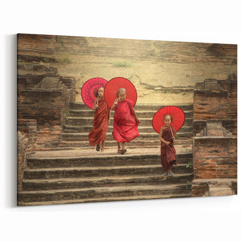 Tibetan Scenery Art - Young Monks with Red Parasols Canvas and Prints