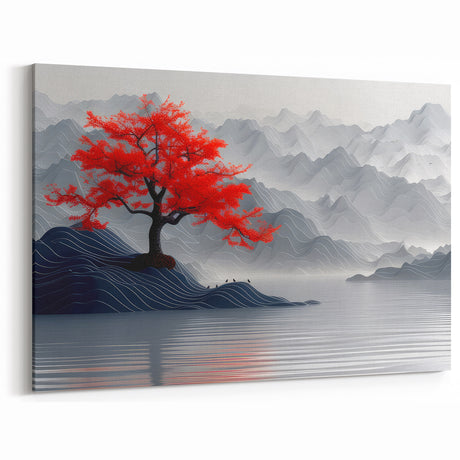 Glam Wall Art – Red Tree with Minimalist Gray Mountains for Modern Decor