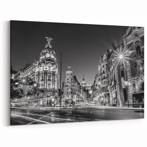 Stunning Madrid Cityscape Art - Iconic Gran Vía in Black and White Canvas