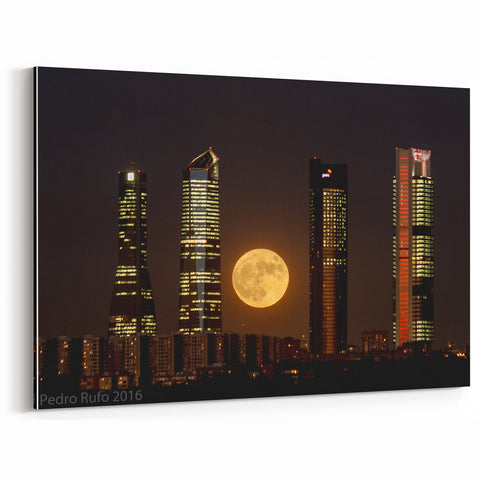 Madrid Skyline Art - Cuatro Torres and Full Moon Cityscape Canvas Print