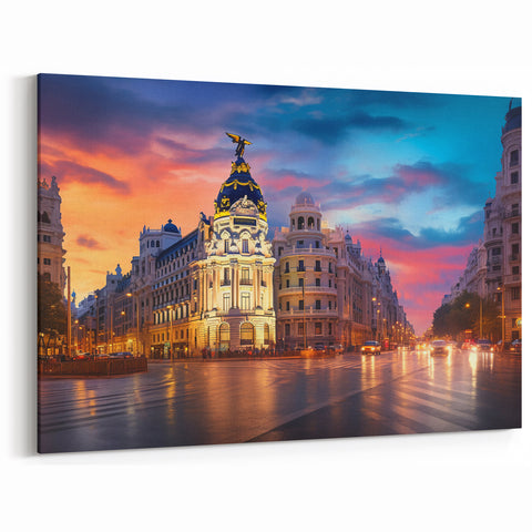 Scenic Madrid Cityscape Art - Sunset Over Gran Vía Canvas Prints