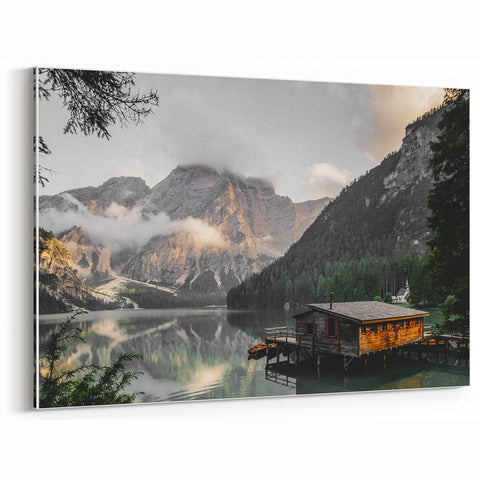 Rustic Mountain Cabin by Lake Wall Art | Farmhouse Decor | Nature Print