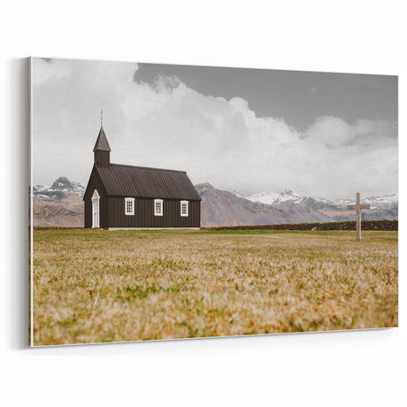 Rustic Church in Mountain Landscape - Farmhouse Decor - Vintage Wall Art