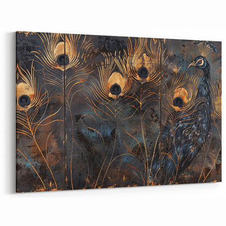 Glamorous Peacock Feather Wall Art – Luxury Black and Gold Decor