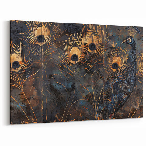 Glamorous Peacock Feather Wall Art – Luxury Black and Gold Decor