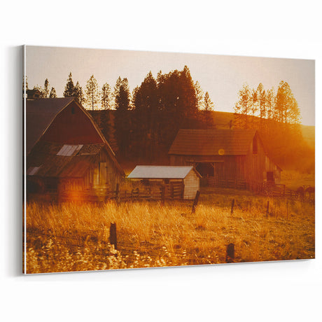 Rustic Farm at Sunset - Vintage Wall Art - Farmhouse Decor Landscape