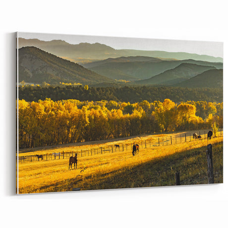 Rustic Horses in Golden Landscape - Vintage Wall Art - Farmhouse Decor