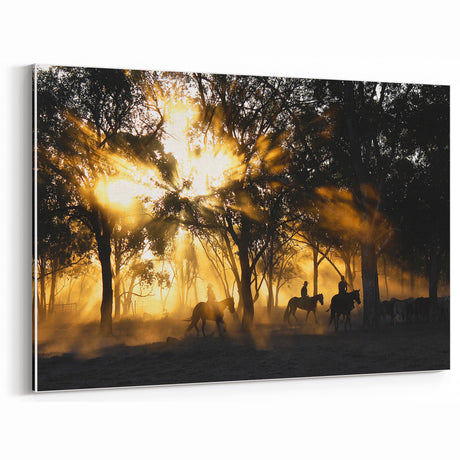 Rustic Cowboys in Forest Sunrise - Vintage Wall Art - Farmhouse Decor