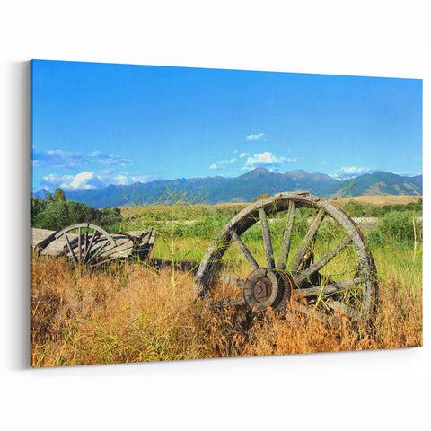 Montana Acrylic Art - Vintage Wagon Wheels in Scenic Mountain Setting