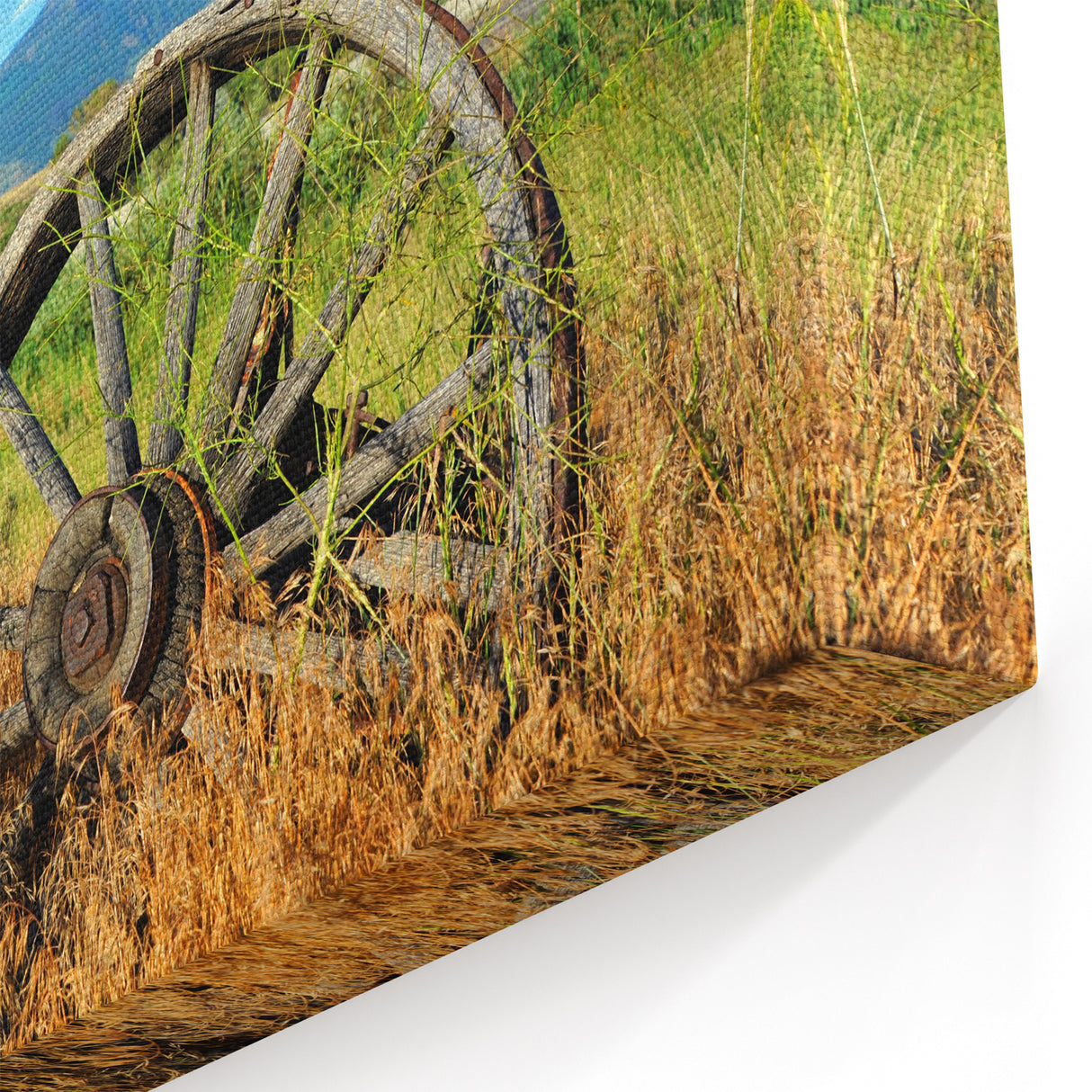 Montana Acrylic Art - Vintage Wagon Wheels in Scenic Mountain Setting