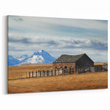 Framed Montana Landscapes - Rustic Barn and Snowy Mountain Backdrop