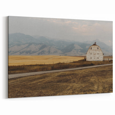 Montana Wilderness Art - Rustic White Barn with Mountain Backdrop