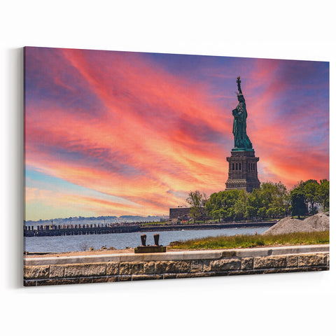 Historic Ellis Island - Statue of Liberty Wall Art at Vibrant Sunset