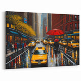 NYC Cityscape Art - Yellow Taxis and Red Umbrella in Manhattan Street Scene