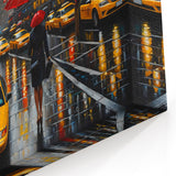 NYC Cityscape Art - Yellow Taxis and Red Umbrella in Manhattan Street Scene