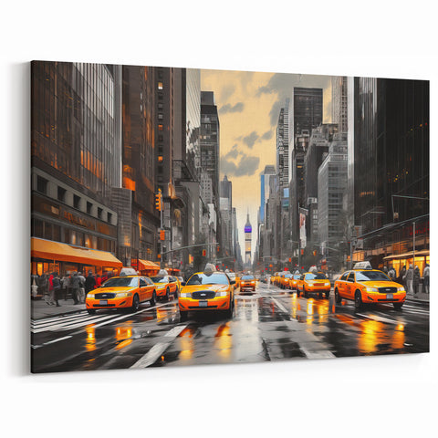 Manhattan Skyline Wall Art - Iconic Yellow Taxis on a Busy NYC Street