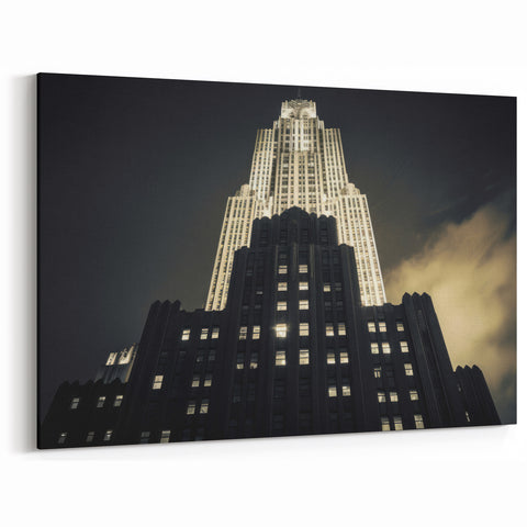 Illuminated NYC Skyscraper at Night - Dramatic Art Deco Art Print