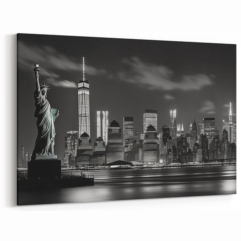 Statue of Liberty and NYC Skyline - Black and White Art Print