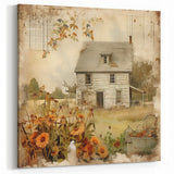 Vintage Farmhouse Prints with Sunflowers and Cottage - Rustic Wall Art