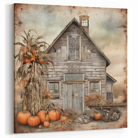 Country Style Art with Pumpkins and Barn - Rustic Farmhouse Wall Decor