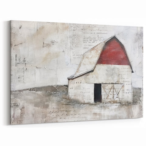Vintage Barn Wall Art - Rustic Farmhouse Red Barn Canvas with Aged Charm