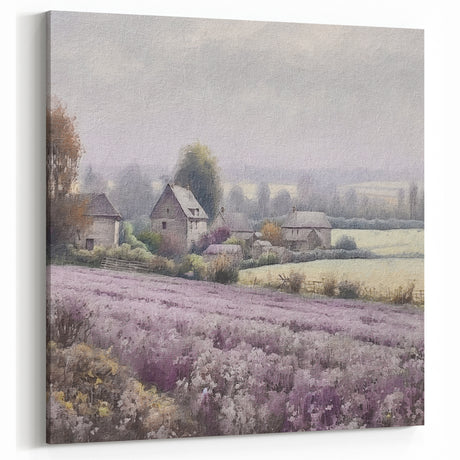 Countryside Wall Art – Serene Lavender Field with Farmhouses Print