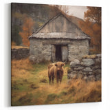 Rustic Farmhouse Decor – Highland Cow with Stone Barn Countryside Art