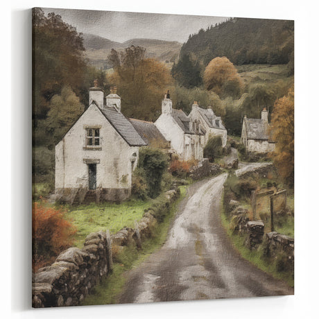 Rustic Village Scene – Countryside Cottages with Path Wall Art Print