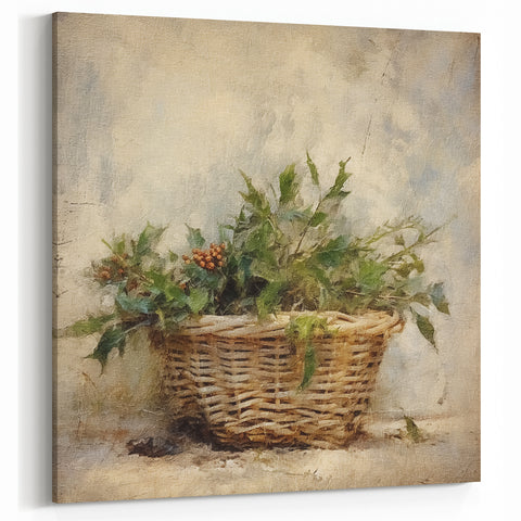 Festive Canvas Art - Rustic Holly Basket Christmas Wall Decorations