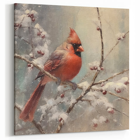 Seasonal Wall Art - Vibrant Cardinal Bird on Snowy Branch Holiday Print