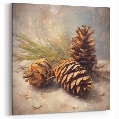 Festive Canvas Art - Rustic Pinecones Winter Scene Holiday Wall Print