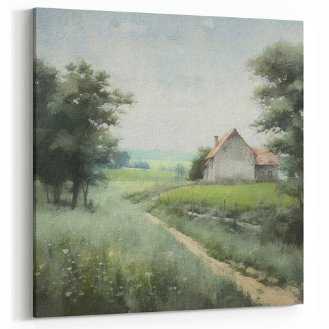 Countryside Wall Art – Serene Path to a Farmhouse with Lush Fields
