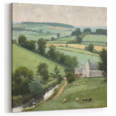 Rolling Hills Landscape – Pastoral Countryside with Farmhouse Print