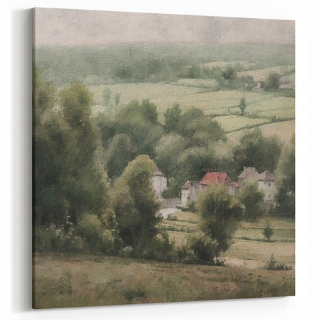 Countryside View from Hillside – Pastoral Landscape with Red Roofs Art
