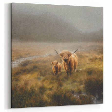 Highland Cattle in Misty Landscape – Rustic Countryside Wall Art