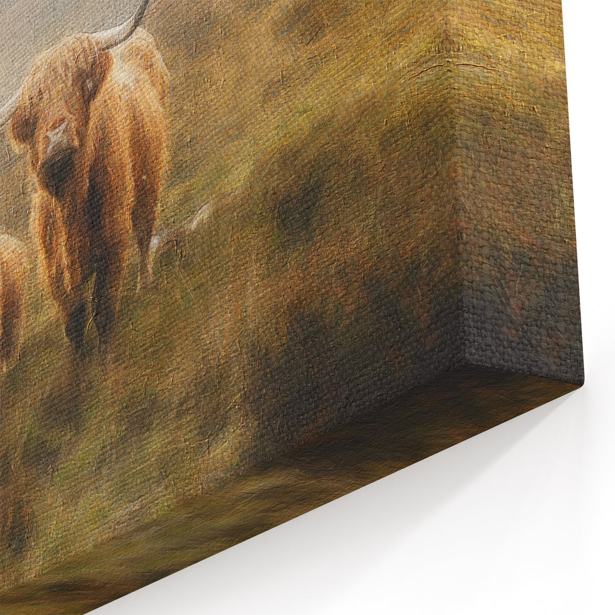 Highland Cattle in Misty Landscape – Rustic Countryside Wall Art