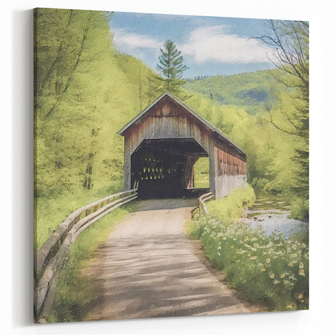 Rustic Bridge Art Print - Scenic Country Landscape Canvas Framed Decor