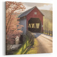 Red Covered Bridge Print - Vintage Architecture Scenic Canvas Art