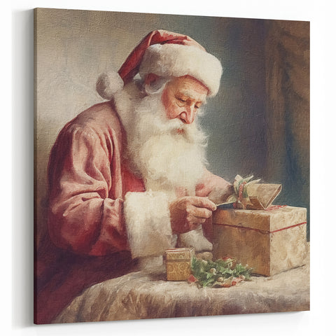 Holiday Decor Prints - Santa Wrapping Gifts Festive Canvas Art