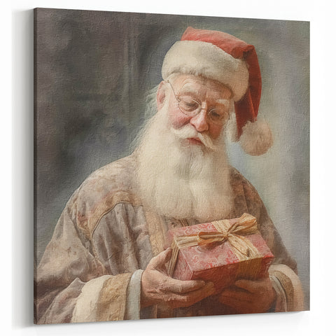 Holiday Decor Prints - Santa with Wrapped Gift Festive Christmas Art